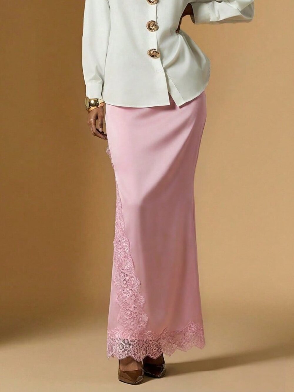 pink Elegant Women's Lace Patchwork satin Skirt - Picture 6 of 6